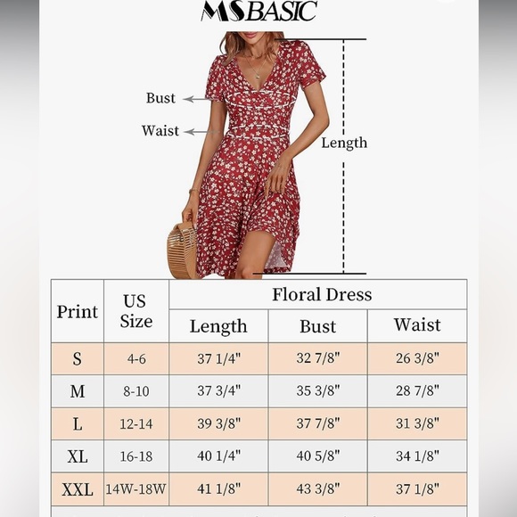 NWT | MS Basic Short Sleeve Deep V-Neck MIDI Dress | Size: S | Red Floral - Picture 2 of 10